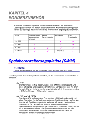 Page 65KAPITEL 4  SONDERZUBEHÖR
4-1
4
4K
K
A
A
P
P
I
I
T
T
E
E
L
L
 
 
4
4
S
S
O
O
N
N
D
D
E
E
R
R
Z
Z
U
U
B
B
E
E
H
H
Ö
Ö
R
R
Zu diesem Drucker ist folgendes Sonderzubehör erhältlich.  Sie können die
Leistung des Druckers mit diesem Zubehör erhöhen.  Klicken Sie in der folgenden
Tabelle auf beliebige Häkchen, um nähere Informationen angezeigt zu bekommen.
Model Speichererweit
erungsplatine
(SIMM)Zweite
Papierkassette
PrintServer IrDA-
Schnittstelle
HL-1230✔✔
HL-1440✔✔✔
HL-1450✔✔✔✔
HL-1470N✔✔Standard✔
S
S
p
p...