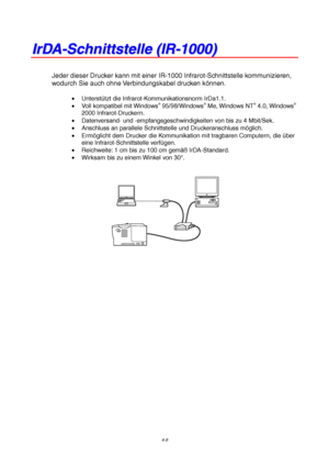 Page 724-8
I
I
r
r
D
D
A
A
-
-
S
S
c
c
h
h
n
n
i
i
t
t
t
t
s
s
t
t
e
e
l
l
l
l
e
e
 
 
(
(
I
I
R
R
-
-
1
1
0
0
0
0
0
0
)
)
Jeder dieser Drucker kann mit einer IR-1000 Infrarot-Schnittstelle kommunizieren,
wodurch Sie auch ohne Verbindungskabel drucken k
önnen.
• Unterst ützt die Infrarot-Kommunikationsnorm IrDa1.1.
•  Voll kompatibel mit Windows® 95/98/Windows® Me, Windows NT® 4.0, Windows®
2000 Infrarot-Druckern.
•   Datenversand- und -empfangsgeschwindigkeiten von bis zu 4 Mbit/Sek.
•   Anschluss an parallele...