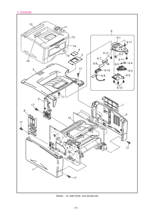 Page 157. COVERS
- 11 -
1
8
1712
2 1015 11 13
1614
17
17
6-6
6-12
6-7
6-9
6-86-3
6-4
6-56-2
7
9
6-11
6-11 6-11
6-1 6
5
3 4
17
17
17
6-10
MODEL    HL-1850/1870N   84U-Z23/Z24-061
 