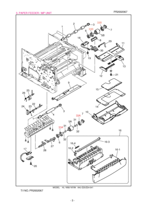 Page 73. PAPER FEEDER / MP UNIT
- 3 -
MODEL    HL-1850/1870N   84U-Z23/Z24-041
1
12 18
13
2111
19
101415 2
5B
5A633B33B
6
2731
31
33A33A
32
32
28 17
207
78
29
30
93
1
22
23 24
25
26
43
16
16-1 16-3
16-216-4
PR2002067
T/I NO. PR2002067
 