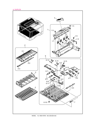 Page 94. DUPLEX
- 6 -
1-11-4
1-6
1-5
1-5
1-31-2
1-2
1-3
1
5
2
2-1
2-2 3
4 6
6-1
6-5 6-7
6-66-14
6-10 6-8 6-2
6-12
6-11
6-16 6-9
6-2
6-4 6-1
6-3
2-3
6-146-146-15
6-13
7
MODEL    HL-1850/1870N   84U-Z23/Z24-042
 