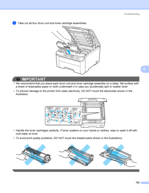 Page 162Troubleshooting
152
6
cTake out all four drum unit and toner cartridge assemblies. 
IMPORTANT
 We recommend that you place each drum unit and toner cartridge assembly on a clean, flat surface with 
a sheet of disposable paper or cloth underneath it in case you accidentally spill or scatter toner.
 To prevent damage to the printer from static electricity, DO NOT touch the electrodes shown in the 
illustration.
 
 Handle the toner cartridges carefully. If toner scatters on your hands or clothes, wipe or...