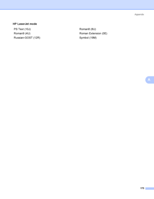 Page 185Appendix
175
A
PS Text (10J) Roman8 (8U)
Roman9 (4U) Roman Extension (0E)
Russian-GOST (12R) Symbol (19M) HP LaserJet mode
 