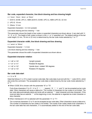 Page 189Appendix
179
A
Bar code, expanded character, line block drawing and box drawing heightA
n = ‘hnnn’, ‘Hnnn’, ‘dnnn’, or ‘Dnnn’
1 EAN13, EAN8, UPC-A, ISBN (EAN13, EAN8, UPC-A), ISBN (UPC-E): 22 mm
2 UPC-E: 18 mm
3 Others: 12 mm
Expanded characters i 2.2 mm (preset)
Line block drawing and box drawing i 1 dot
This parameter shows the height of bar codes or expanded characters as shown above. It can start with ‘h’, 
‘H’, ‘d’, or ‘D’. The height of bar codes is shown in the ‘u’- or ‘U’-specified unit. The...
