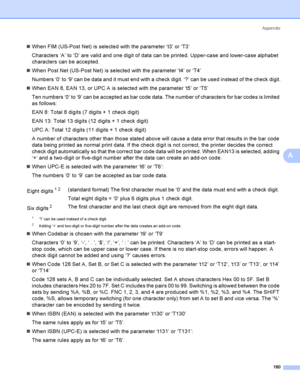 Page 190Appendix
180
A
When FIM (US-Post Net) is selected with the parameter ‘t3’ or ‘T3’
Characters ‘A’ to ‘D’ are valid and one digit of data can be printed. Upper-case and lower-case alphabet 
characters can be accepted.
When Post Net (US-Post Net) is selected with the parameter ‘t4’ or ‘T4’
Numbers ‘0’ to ‘9 can be data and it must end with a check digit. ‘?’ can be used instead of the check digit.
When EAN 8, EAN 13, or UPC A is selected with the parameter ‘t5’ or ‘T5’
Ten numbers ‘0’ to ‘9’ can be...