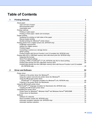 Page 8vii
Table of Contents
1 Printing Methods 1
About paper ...............................................................................................................................................1
Type and size of paper ........................................................................................................................1
Recommended paper ..........................................................................................................................2
Unprintable area...