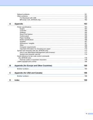 Page 10ix
Network problems..................................................................................................................................161
Other problems ......................................................................................................................................162
For Macintosh with USB ..................................................................................................................162
BR-Script 3 (HL-3070CW only)...