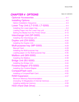 Page 11REGULATIONS
TABLE OF CONTENTS
vii
C C
H H
A A
P P
T T
E E
R R
   
4 4
   
   
O O
P P
T T
I I
O O
N N
S S
Optional Accessories.............................................................. 4-1
Installing Options...................................................................... 4-2
Option Installation Sequence ......................................................... 4-3
Lower Tray Unit (LT-5100, LT-5200)................................ 4-4
Installing the Lower paper tray...