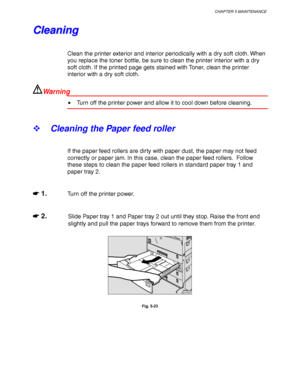 Page 201CHAPTER 5 MAINTENANCE
5-13
C C
l l
e e
a a
n n
i i
n n
g g
Clean the printer exterior and interior periodically with a dry soft cloth. When
you replace the toner bottle, be sure to clean the printer interior with a dry
soft cloth. If the printed page gets stained with Toner, clean the printer
interior with a dry soft cloth.
War ni ng
• Turn off the printer power and allow it to cool down before cleaning.
! Cleaning the Paper feed roller
If the paper feed rollers are dirty with paper dust, the paper may...