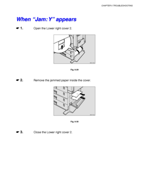 Page 230CHAPTER 6 TROUBLESHOOTING
6-19
W W
h h
e e
n n
   
“ “
J J
a a
m m
: :
   
Y Y
” ”
   
a a
p p
p p
e e
a a
r r
s s
☛
☛☛ ☛ 1.Open the Lower right cover 2.
ZAEH140E 
Fig. 6-29
☛
☛☛ ☛ 2.Remove the jammed paper inside the cover.
ZAEY150E 
Fig. 6-30
☛
☛☛ ☛ 3.Close the Lower right cover 2.
 