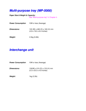 Page 250Appendix–8
M
M
u
u
l
l
t
t
i
i
-
-
p
p
u
u
r
r
p
p
o
o
s
s
e
e
 
 
t
t
r
r
a
a
y
y
 
 
(
(
M
M
P
P
-
-
5
5
0
0
0
0
0
0
)
)
Paper Size & Weight & Capacity:
See “Multi-purpose tray ” in Chapter 4.
Power Consumption : 10W or less (Average)
Dimensions: 125 (W) x 495 (D) x 163 (H) mm
(4.9 x 19.5 x 6.4 inches)
Weight: 2.5kg (5.6lb)
I
I
n
n
t
t
e
e
r
r
c
c
h
h
a
a
n
n
g
g
e
e
 
 
u
u
n
n
i
i
t
t
Power Consumption
: 10W or less (Average)
Dimensions: 135(W) x 515 (D) x 123 (H) mm
(5.3 x 20.3 x 4.8 inches)
Weight:...