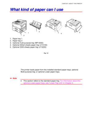 Page 37CHAPTER 1 ABOUT THIS PRINTER
1-13
W W
h h
a a
t t
   
k k
i i
n n
d d
   
o o
f f
   
p p
a a
p p
e e
r r
   
c c
a a
n n
   
I I
   
u u
s s
e e
1. Paper tray 1
2. Paper tray 2
3. Optional multi-purpose tray (MP-5000)
4. Optional 500x2 sheets paper tray (LT-5100)
5. Optional 2000 sheets paper tray (LT-5200)
Fig. 1-8
The printer loads paper from the installed standard paper trays, optional
Multi-purpose tray, or optional Lower paper trays.
✒
✒✒ ✒  Note
• This section refers to the standard paper tray....