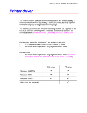 Page 60CHAPTER 2 BEFORE WORKING WITH THE PRINTER
2-1
P P
r r
i i
n n
t t
e e
r r
   
d d
r r
i i
v v
e e
r r
The Printer driver is Software that translates data in the format used by a
computer into the format required by a particular printer, typically a printer
command language or page description language.
The following printer drivers for each Operating System are supplied on the
CD-ROM provided with the printer. The latest printer driver can also be
downloaded from Brother Solutions Center...