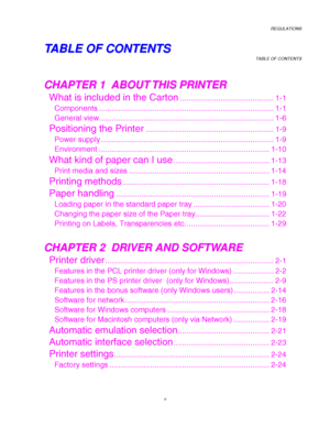 Page 9REGULATIONS
TABLE OF CONTENTS
v
T T
A A
B B
L L
E E
   
O O
F F
   
C C
O O
N N
T T
E E
N N
T T
S S
C C
H H
A A
P P
T T
E E
R R
   
1 1
   
   
A A
B B
O O
U U
T T
   
T T
H H
I I
S S
   
P P
R R
I I
N N
T T
E E
R R
What is included in the Carton............................................ 1-1
Components .................................................................................. 1-1
General view.................................................................................. 1-6
Positioning the...