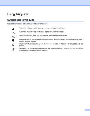 Page 2i
Using this guide
Sy mbols used in this guide
We use the following icons throughout this User’s Guide:
 Warnings tell you what to do to prevent possible personal injury.
 Electrical Hazard icons alert you to a possible electrical shock.
 Hot Surface icons warn you not to touch machine parts that are hot.
 Cautions specify procedures you must follow or avoid to prevent possible damage to the 
printer or other objects.
 Improper Setup icons alert you to devices and operations that are not compatible with...