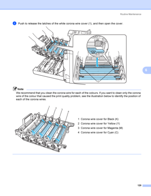 Page 138Rout i ne  Ma i nt e na nce
129
6
dPush to release the latches of the white corona wire cover (1), and then open the cover. 
Note
We recommend that you clean the corona wire for each of the colours. If you want to clean only the corona 
wire of the colour that caused the print quality problem, see the illustration below to identify the position of 
each of the corona wires.
   
1  Corona wire cover for Black (K)
2  Corona wire cover for Yellow (Y)
3  Corona wire cover for Magenta (M)
4  Corona wire cover...