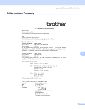 Page 201Appendix  (for Europe and Other Countri es)
192
B
EC Declaration of ConformityB
 
 