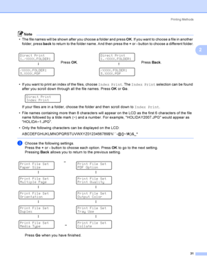 Page 40Printing Methods
31
2
Note
 The file names will be shown after you choose a folder and press OK. If you want to choose a file in another 
folder, press back to return to the folder name. And then press the + or - button to choose a different folder.
 If you want to print an index of the files, choose Index Print. The Index Print selection can be found 
after you scroll down through all the file names. Press OK or Go.
 
Direct Print
Index Print
If your files are in a folder, choose the folder and then...