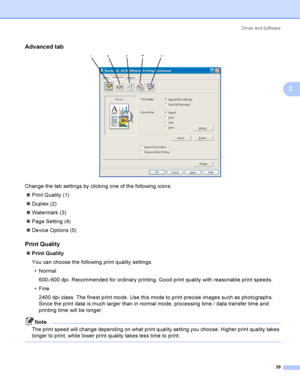 Page 48Driver and Software
39
3
Advanced tab3
 
Change the tab settings by clicking one of the following icons:
Print Quality (1)
Duplex (2)
Watermark (3)
Page Setting (4)
Device Options (5)
Print Quality3
Print Quality
You can choose the following print quality settings.
Normal
600×600 dpi. Recommended for ordinary printing. Good print quality with reasonable print speeds.
Fine
2400 dpi class. The finest print mode. Use this mode to print precise images such as photographs. 
Since the print data is...