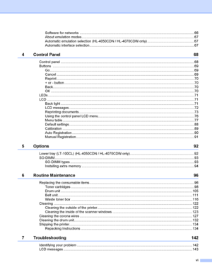 Page 7vi
Software for networks .......................................................................................................................66
About emulation modes .....................................................................................................................67
Automatic emulation selection (HL-4050CDN / HL-4070CDW only) .................................................67
Automatic interface...