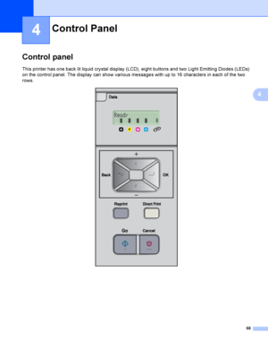 Page 7768
4
4
Control panel4
This printer has one back lit liquid crystal display (LCD), eight buttons and two Light Emitting Diodes (LEDs) 
on the control panel. The display can show various messages with up to 16 characters in each of the two 
rows. 
 
Control Panel4
 