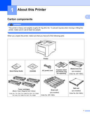 Page 101
1
1
Carton components1
WARNING 
This printer is heavy and weights roughly 29.1kg (64.2 lb). To prevent injuries when moving or lifting this 
printer, make sure to use at least two people.
 
When you unpack the printer, make sure that you have all of the following parts.
About this Printer1
 
Printer
 
Quick Setup Guide
 
CD-ROM
 
A C power cord
 
Insertion sheet 
and Plastic bag 
for repacking
 
Waste toner box
(pre-i nstalled)
Order No. WT-100CL
 
Toner cartridges 
(Black, Cyan, Magenta and Yellow)...