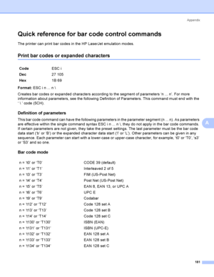 Page 190Appendix
181
A
Quick reference for bar code control commandsA
The printer can print bar codes in the HP LaserJet emulation modes.
Print bar codes or expanded charactersA
Format: ESC i n ... n \
Creates bar codes or expanded characters according to the segment of parameters ‘n ... n’. For more 
information about parameters, see the following Definition of Parameters. This command must end with the 
‘  ’ code (5CH).
Definition of parametersA
This bar code command can have the following parameters in the...