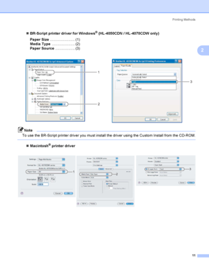 Page 20Printing Methods
11
2
BR-Script printer driver for Windows® (HL-4050CDN / HL-4070CDW only)
Paper Size........................ (1)
Media Type...................... (2)
Paper Source................... (3)
Note
To use the BR-Script printer driver you must install the driver using the Custom Install from the CD-ROM.
 
Macintosh® printer driver
  
   
1
2
3
12
3
 