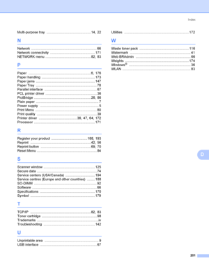 Page 210Index
201
D
Multi-purpose tray ...............................................14, 22
N
Network ..................................................................... 66
Network connectivity
 ............................................... 171
NETWORK menu
 ................................................82, 83
P
Paper ..................................................................6, 176
Paper handling
 ........................................................ 173
Paper jams...