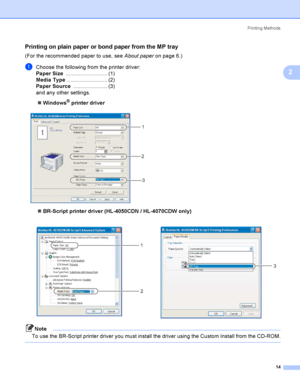 Page 23Printing Methods
14
2
Printing on plain paper or bond paper from the MP tray2
(For the recommended paper to use, see About paperon page 6.)
aChoose the following from the printer driver:
Paper Size............................ (1)
Media Type........................... (2)
Paper Source....................... (3)
and any other settings.
Windows
® printer driver
 
BR-Script printer driver (HL-4050CDN / HL-4070CDW only)
Note
To use the BR-Script printer driver you must install the driver using the Custom...