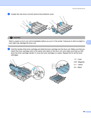 Page 118Rout i ne  Ma i nt e na nce
109
6
eUnpack the new drum unit and remove the protective cover. 
CAUTION 
Wait to unpack a drum unit until immediately before you put it in the printer. Exposure to direct sunlight or 
room light may damage the drum unit.
 
fHold the handle of the toner cartridge and slide the toner cartridge into the drum unit. Make sure that you 
match the toner cartridge color to the same color label on the drum unit, and make sure that you fold 
down the toner cartridge handle (1) once...