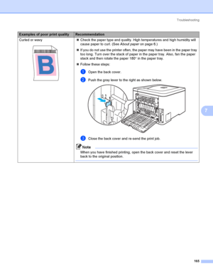 Page 174Troubleshooting
165
7
Curled or wavy
 
Check the paper type and quality. High temperatures and high humidity will 
cause paper to curl. (See About paperon page 6.)
If you do not use the printer often, the paper may have been in the paper tray 
too long. Turn over the stack of paper in the paper tray. Also, fan the paper 
stack and then rotate the paper 180° in the paper tray.
Follow these steps:
aOpen the back cover.
bPush the gray lever to the right as shown below. 
cClose the back cover and re-send...