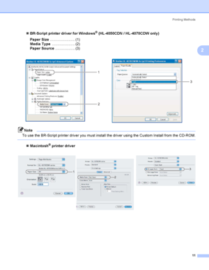 Page 20Printing Methods
11
2
BR-Script printer driver for Windows® (HL-4050CDN / HL-4070CDW only)
Paper Size........................ (1)
Media Type...................... (2)
Paper Source................... (3)
Note
To use the BR-Script printer driver you must install the driver using the Custom Install from the CD-ROM.
 
Macintosh® printer driver
  
   
1
2
3
1
2
3
 