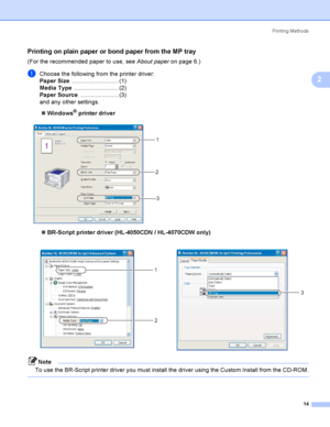 Page 23Printing Methods
14
2
Printing on plain paper or bond paper from the MP tray2
(For the recommended paper to use, see About paperon page 6.)
aChoose the following from the printer driver:
Paper Size............................ (1)
Media Type........................... (2)
Paper Source....................... (3)
and any other settings.
Windows
® printer driver
 
BR-Script printer driver (HL-4050CDN / HL-4070CDW only)
Note
To use the BR-Script printer driver you must install the driver using the Custom...