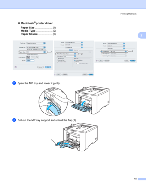 Page 24Printing Methods
15
2
Macintosh® printer driver
Paper Size........................ (1)
Media Type...................... (2)
Paper Source................... (3)
bOpen the MP tray and lower it gently. 
cPull out the MP tray support and unfold the flap (1).     
12
3
1
 