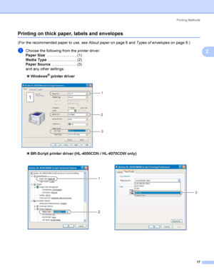 Page 26Printing Methods
17
2
Printing on thick paper, labels and envelopes2
(For the recommended paper to use, see About paperon page 6 and Types of envelopeson page 8.)
aChoose the following from the printer driver:
Paper Size............................ (1)
Media Type........................... (2)
Paper Source....................... (3)
and any other settings.
Windows
® printer driver
 
BR-Script printer driver (HL-4050CDN / HL-4070CDW only)
  
1
2
3
1
2
3
 