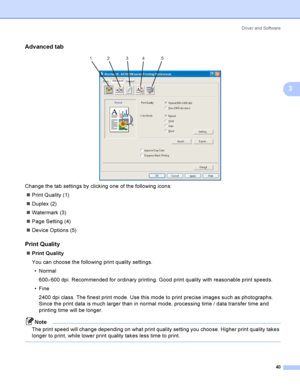 Page 49Driver and Software
40
3
Advanced tab3
 
Change the tab settings by clicking one of the following icons:
Print Quality (1)
Duplex (2)
Watermark (3)
Page Setting (4)
Device Options (5)
Print Quality3
Print Quality
You can choose the following print quality settings.
Normal
600×600 dpi. Recommended for ordinary printing. Good print quality with reasonable print speeds.
Fine
2400 dpi class. The finest print mode. Use this mode to print precise images such as photographs. 
Since the print data is...