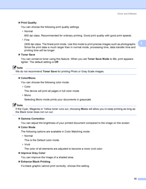 Page 62Driver and Software
53
3
Print Quality
You can choose the following print quality settings.
Normal
600 dpi class. Recommended for ordinary printing. Good print quality with good print speeds.
Fine
2400 dpi class. The finest print mode. Use this mode to print precise images such as photographs. 
Since the print data is much larger than in normal mode, processing time, data transfer time and 
printing time will be longer.
Toner Save
You can conserve toner using this feature. When you set Toner Save...