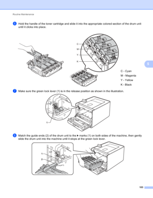 Page 109Routine Maintenance 103
5
fHold the handle of the toner cartridge and slide it into the appropriate colored section of the drum unit 
until it clicks into place.
gMake sure the green lock lever (1) is in the release position as shown in the illustration.  
hMatch the guide ends (2) of the drum unit to the c marks (1) on both sides of the machine, then gently 
slide the drum unit into the machine until it stops at the green lock lever.
 
 
 
C - Cyan
M - Magenta
Y - Yellow
K - Black
C
M
Y
K
1
1
2
 