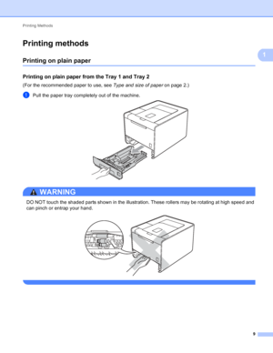 Page 15Printing Methods 9
1
Printing methods1
Printing on plain paper1
Printing on plain paper from the Tray 1 and Tray 21
(For the recommended paper to use, see Type and size of paper on page 2.)
aPull the paper tray completely out of the machine. 
WARNING 
DO NOT touch the shaded parts shown in the illustration. These rollers may be rotating at high speed and 
can pinch or entrap your hand.
 
 
 