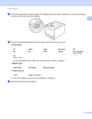 Page 17Printing Methods 11
1
eLift up the support flap to prevent paper from sliding off the face-down output tray, or remove each page 
as soon as it comes out of the machine.
 
fChoose the following settings from each drop-down list of the printer driver. Paper Size
For the acceptable paper sizes, see  Type and size of paper on page 2.
 Media Type
 Paper Source
For any other settings, see  Driver and Software in Chapter 2.
gSend the print data to the machine.
A4 LetterLegal ExecutiveA5
B5 B6Folio JIS B5A5...