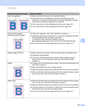 Page 169Troubleshooting 163
6
Color misregistration
 
Make sure that the machine is on a solid level surface.
 Perform the auto color registration using the control panel (see  Auto 
Registration  on page 82) or perform the manual color registration using the 
control panel (see Manual Registration  on page 83).
 Put in a new drum unit. (See  Replacing the drum unit on page 101.)
 Put in a new belt unit. (See  Replacing the belt unit on page 105.)
Uneven density appears 
periodically across the page
 
...