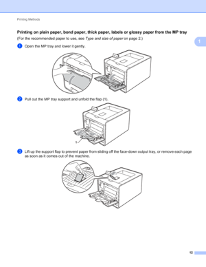 Page 18Printing Methods 12
1
Printing on plain paper, bond paper, thick paper, labels or glossy paper from the MP tray1
(For the recommended paper to use, see Type and size of paper on page 2.)
aOpen the MP tray and lower it gently. 
bPull out the MP tray support and unfold the flap (1). 
cLift up the support flap to prevent paper from sliding off the face-down output tray, or remove each page 
as soon as it comes out of the machine.
 
1
 