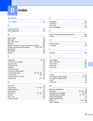 Page 198192
D
D
Symbols
+ or - buttons ............................................................. 64
A
Accessories tab ......................................................... 40
Auto Registration
 ...................................................... 82
B
Back button ............................................................... 64
Back light
 .................................................................. 66
Bar code control
 ...................................................... 180
Belt unit...