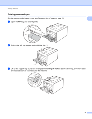 Page 21Printing Methods 15
1
Printing on envelopes1
(For the recommended paper to use, see Type and size of paper on page 2.)
aOpen the MP tray and lower it gently. 
bPull out the MP tray support and unfold the flap (1). 
cLift up the support flap to prevent envelopes from sliding off the face-down output tray, or remove each 
envelope as soon as it comes out of the machine.
 
1
 