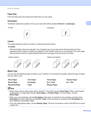 Page 35Driver and Software 29
2
Paper Size2
From the drop-down list choose the Paper Size you are using.
Orientation2
Orientation selects the position of how your document will be printed (Portrait or Landscape ).
Copies2
The copies selection sets the number of copies that will be printed.
 Collate
With the Collate check box selected, one complete copy of your document will be printed and then 
repeated for the number of copies you selected. If the Collate check box is not selected, then each page 
will be...