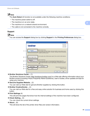 Page 47Driver and Software 41
2
Note
The Auto Detect (4) function is not available under the following machine conditions:
• The machine power switch is off.
• The machine is in an error state.
• The machine is in a network shared environment.
• The cable is not connected to the machine correctly.
 
Support2
Note
You can access the  Support dialog box by clicking  Support in the Printing Preferences dialog box.
 
 
Brother Solutions Center...  (1)
The Brother Solutions Center (http://solutions.brother.com/
)...