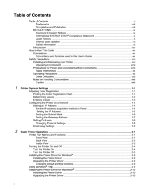 Page 2
i
Table of Contents
Table of Contents  ............................................................................................................................ -i
Trademarks .................................................................................................................... .... -viii
Compilation and Publication  ............................................................................................... -vii i
REGULATIONS...