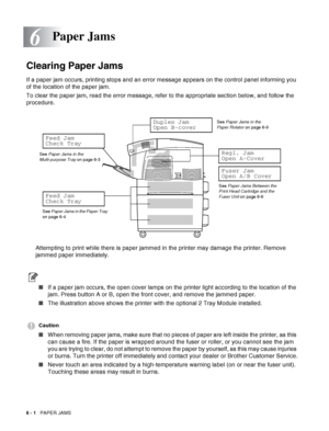 Page 1166 - 1   PAPER JAMS
6
Clearing Paper Jams
If a paper jam occurs, printing stops and an error message appears on the control panel informing you 
of the location of the paper jam.
To clear the paper jam, read the error message, refer to the appropriate section below, and follow the 
procedure.
Attempting to print while there is paper jammed in the printer may damage the printer. Remove 
jammed paper immediately.
■If a paper jam occurs, the open cover lamps on the printer light according to the location of...