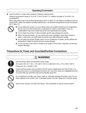 Page 19 xviii
■Use the printer in a place that meets the following requirements: 
Ambient temperature range of 10 to 32 °C (50.0 to 89.6 °F), relative humidity of 15 to 85% (no 
condensation) 
When using the printer at an ambient temperature of 32 °C (89.6 °F), the relative humidity should not 
exceed 65%. When the relative humidity reaches 85%, the ambient temperature should not exceed 
28 °C (82.4 °F).
■Do not place the printer in a room where there are sudden fluctuations in temperature 
and do not move the...